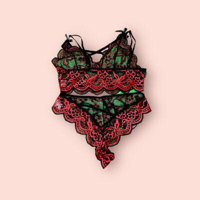Conjunto de Lencería Negro y Rojo de Encaje – Rosmery Novedades