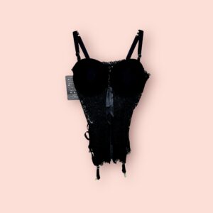 Corset negro de encaje con tirantes ajustables y soporte de ligas