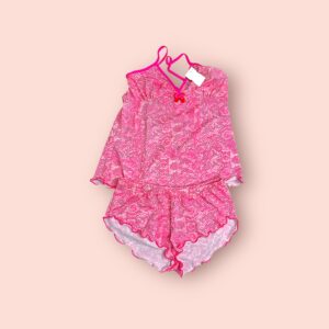 Pijama Short Conjunto de Encaje Rosa Estilo Serpiente para Mujer